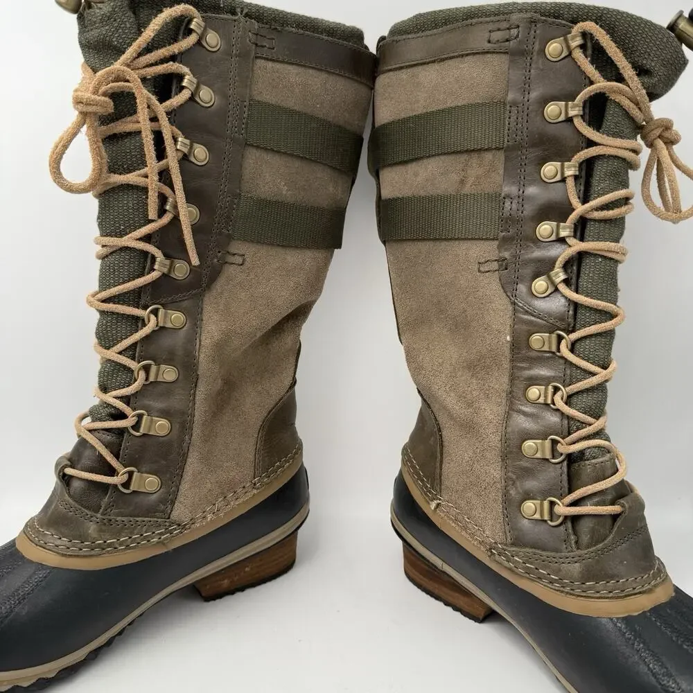 Sorel Boots Conquest Carly 2 Womens Size 8 Green Waterproof Lace Up Winter Suede